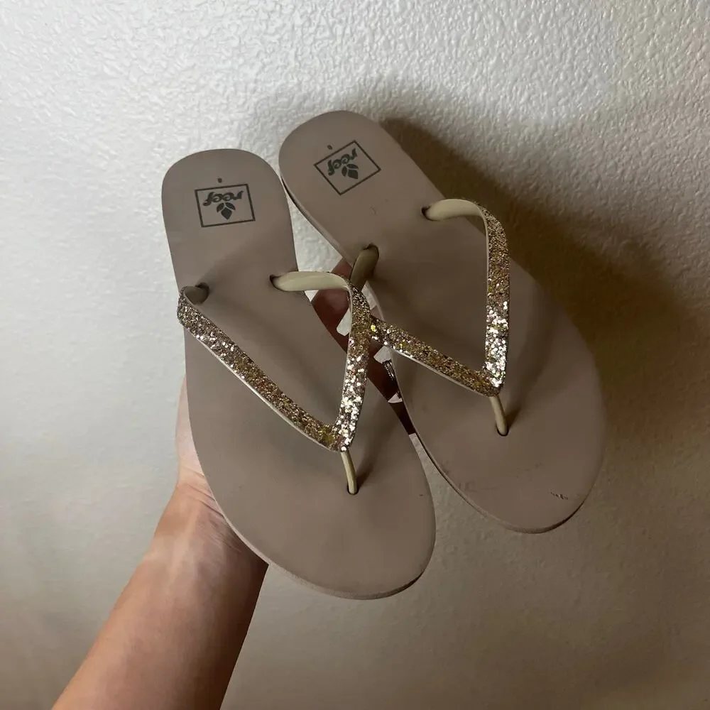 Reef glitter tan flip flops sandals WOMENS 8